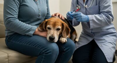 Pet euthanasia cost at vet clinic with grieving pet owner